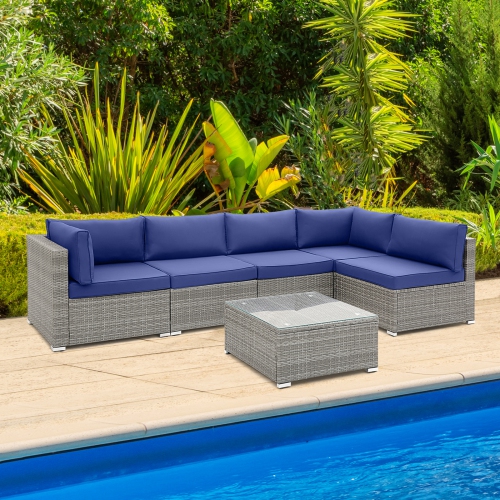 COSTWAY  6 PCs Patio Conversation Sofa Set Outdoor Rattan Furniture Cushioned Seat In Navy