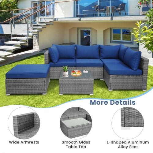 Costway 6PCS Patio Wicker Furniture Set Cushioned Sectional Sofa Coffee Table Navy Deck