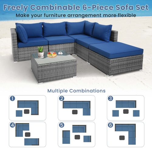 Costway 6PCS Patio Wicker Furniture Set Cushioned Sectional Sofa Coffee Table Navy Deck