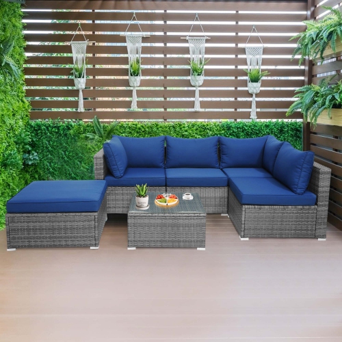 Costway 6PCS Patio Wicker Furniture Set Cushioned Sectional Sofa Coffee Table Navy Deck