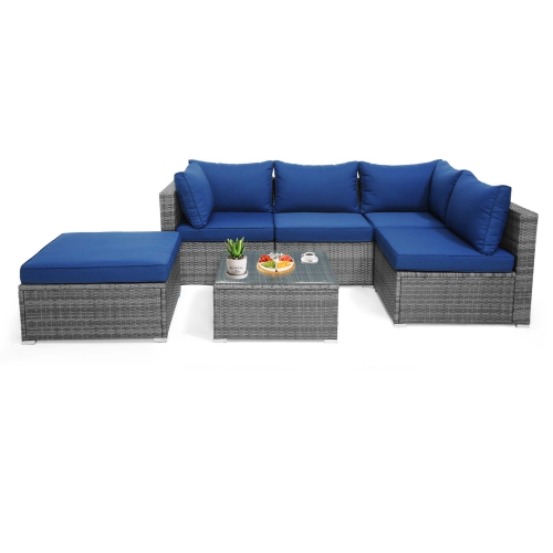 Costway 6PCS Patio Wicker Furniture Set Cushioned Sectional Sofa Coffee Table Navy Deck
