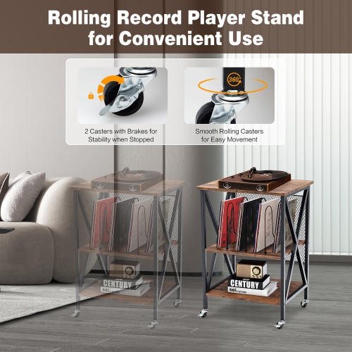 Costway 3-tier Rolling Turntable Stand Vinyl Record Storage Shelf with 3 Dividers & Wheels