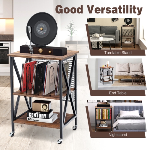 Costway 3-tier Rolling Turntable Stand Vinyl Record Storage Shelf with 3 Dividers & Wheels