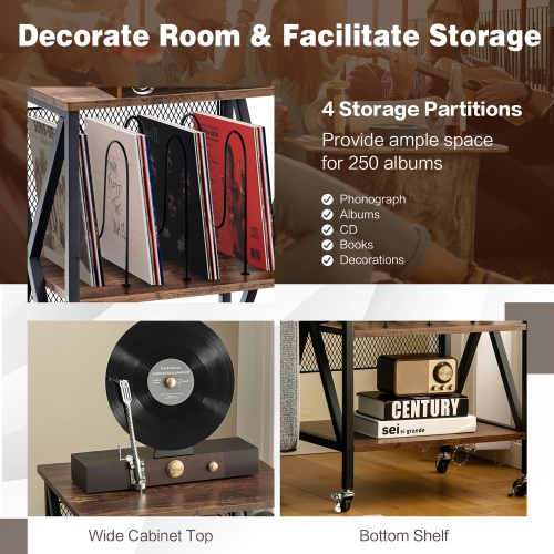 Costway 3-tier Rolling Turntable Stand Vinyl Record Storage Shelf with 3 Dividers & Wheels