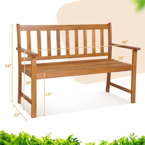 Costway Patio Acacia Wood Bench 2-Person Slatted Seat Backrest 800 Lbs Outdoor Natural