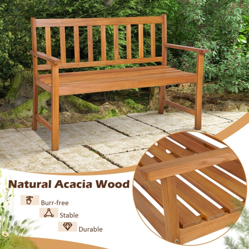 Costway Patio Acacia Wood Bench 2-Person Slatted Seat Backrest 800 Lbs Outdoor Natural