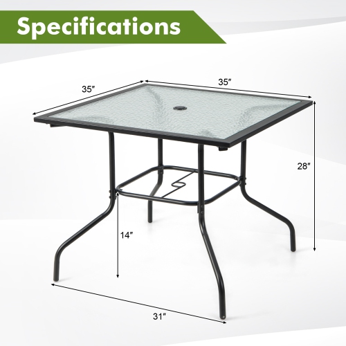 Costway 35" Patio Dining Table Tempered Glass Top Bistro Table with 1.5" Umbrella Hole