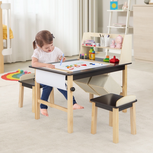 Costway Kids Art Table & Chairs Set Wooden Drawing Desk with Paper Roll Storage Shelf Bins