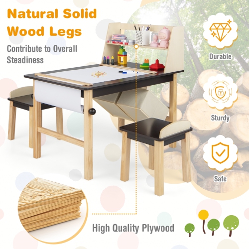 Costway Kids Art Table & Chairs Set Wooden Drawing Desk with Paper Roll Storage Shelf Bins