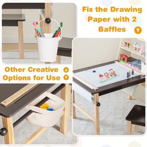Costway Kids Art Table & Chairs Set Wooden Drawing Desk with Paper Roll Storage Shelf Bins