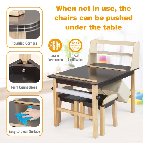 Costway Kids Art Table & Chairs Set Wooden Drawing Desk with Paper Roll Storage Shelf Bins