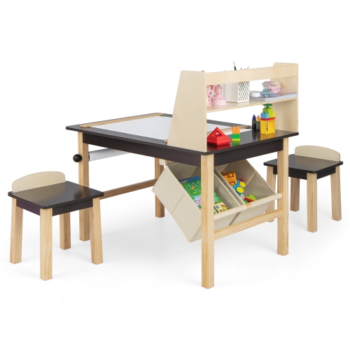 Costway Kids Art Table & Chairs Set Wooden Drawing Desk with Paper Roll Storage Shelf Bins