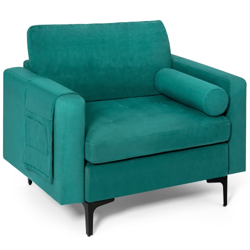 Costway Fabric Accent Armchair Single Sofa w/ Bolster & Side Storage Pocket Teal
