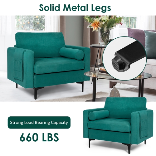 Costway Fabric Accent Armchair Single Sofa w/ Bolster & Side Storage Pocket Teal