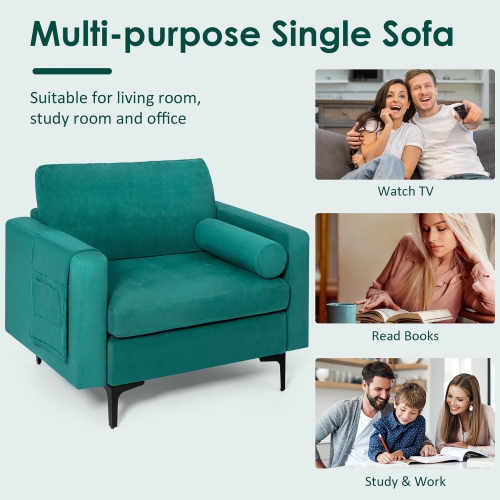 Costway Fabric Accent Armchair Single Sofa w/ Bolster & Side Storage Pocket Teal