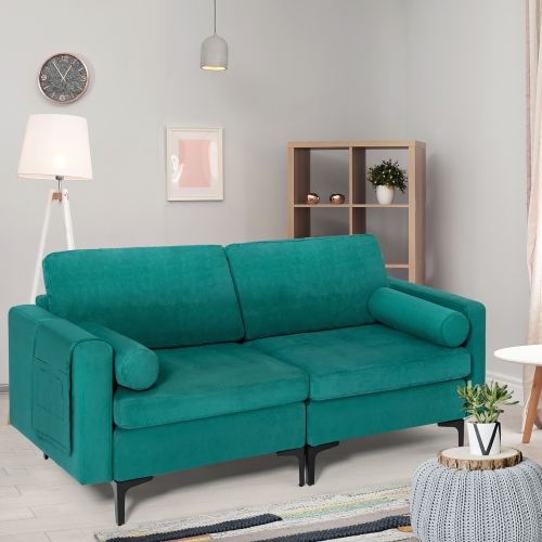Costway Modern Loveseat 2-Seat Sofa Couch w/ 2 Bolsters Side Storage Pocket Teal