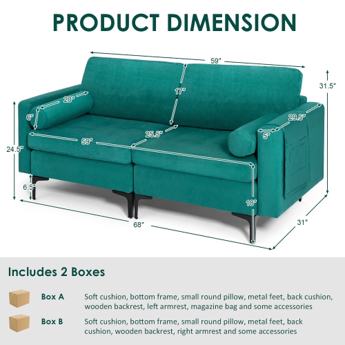 Costway Modern Loveseat 2-Seat Sofa Couch w/ 2 Bolsters Side Storage Pocket Teal