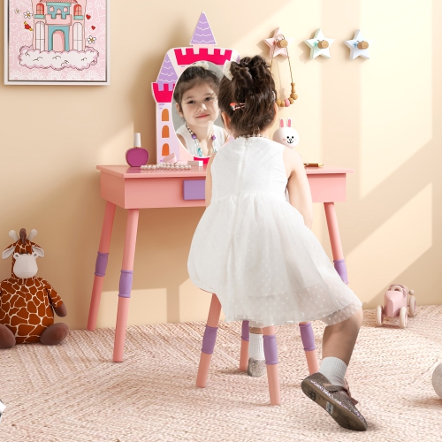 Ensemble coiffeuse pour enfants maquillage princesse fausse commode miroir château fille rose de Costway