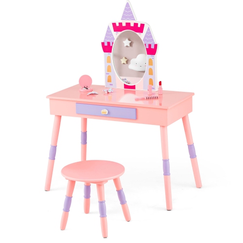 Ensemble coiffeuse pour enfants maquillage princesse fausse commode miroir château fille rose de Costway