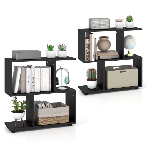 COSTWAY  2 PCs 2-Tier Bookshelf Free Standing Wooden Display S-Shaped Shelf Storage Rack Black/brown