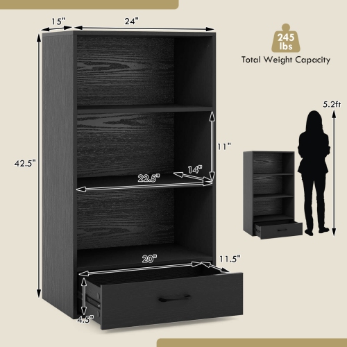 Bibliothèque de rangement en bois à 4 tablettes de 42&nbsp;po de hauteur avec tiroir de rangement pour la maison de Costway