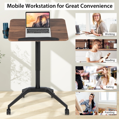 Costway Pneumatic Standing Desk Tilting Adjustable Laptop Cart Mobile Podium Cup Holder