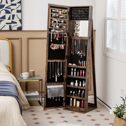 Costway Mirrored Jewelry Cabinet Armoire Lockable Standing Storage Organizer with Shelf