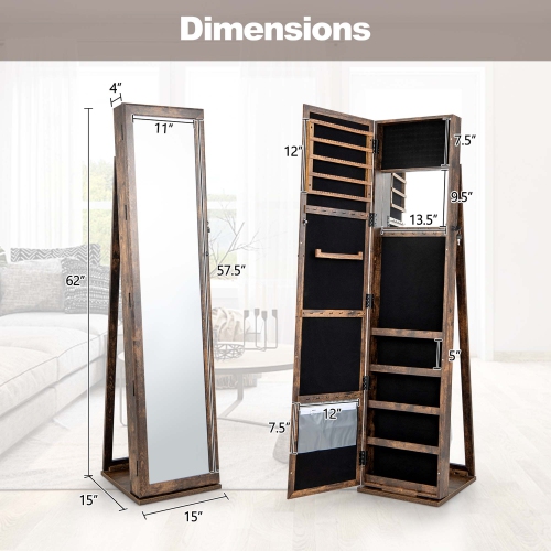 Costway Mirrored Jewelry Cabinet Armoire Lockable Standing Storage Organizer with Shelf