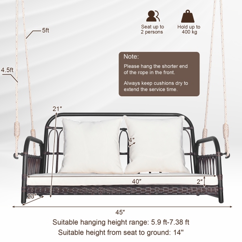 Gymax Wicker Porch Swing 2-Person Outdoor Patio Hanging Chair w/ Cushions Mix Brown