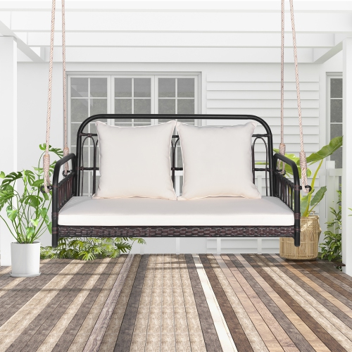 Gymax Wicker Porch Swing 2-Person Outdoor Patio Hanging Chair w/ Cushions Mix Brown