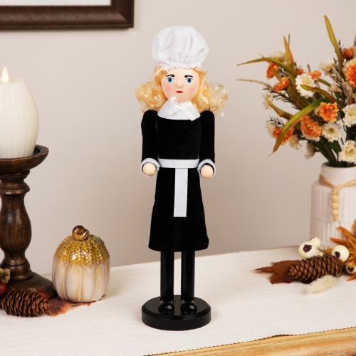 Pilgrim Woman Thanksgiving Fall Harvest Wooden Nutcracker Decoration - 14"