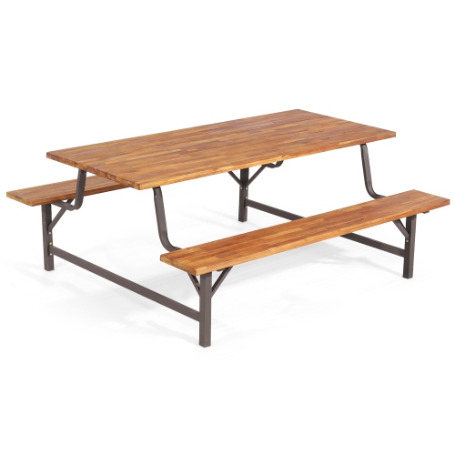 COSTWAY  Acacia Wood Patio Picnic Table Bench Set With 71" Tabletop ＆ 2" Umbrella Hole