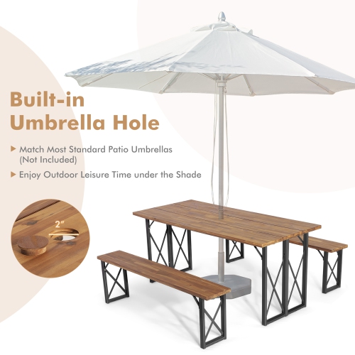 Costway 3 PCS Outdoor Acacia Wood Patio Dining Table Bench Set with 2" Umbrella Hole