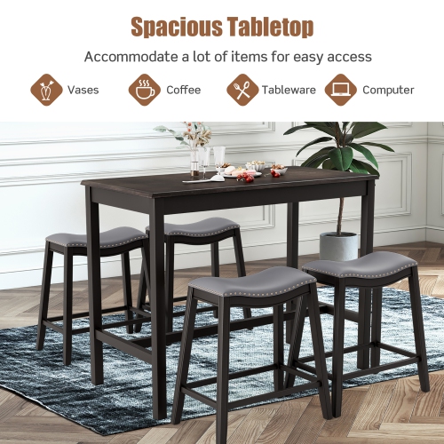 Costway 5PCS Bar Table Set Counter Height Table & Upholstered Saddle Stools Set for 4