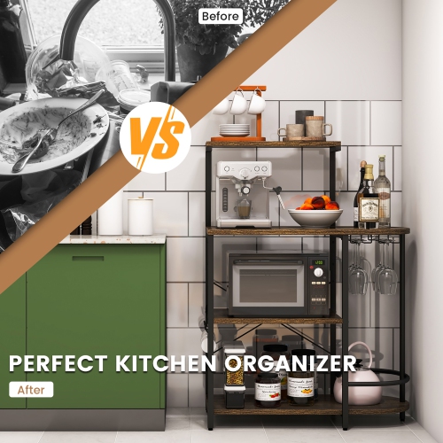 Costway Kitchen Bakers Rack Microwave Stand Coffee Bar w/ S-Hooks & Stemware Holder