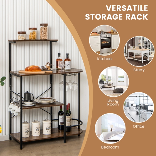 Costway Kitchen Bakers Rack Microwave Stand Coffee Bar w/ S-Hooks & Stemware Holder