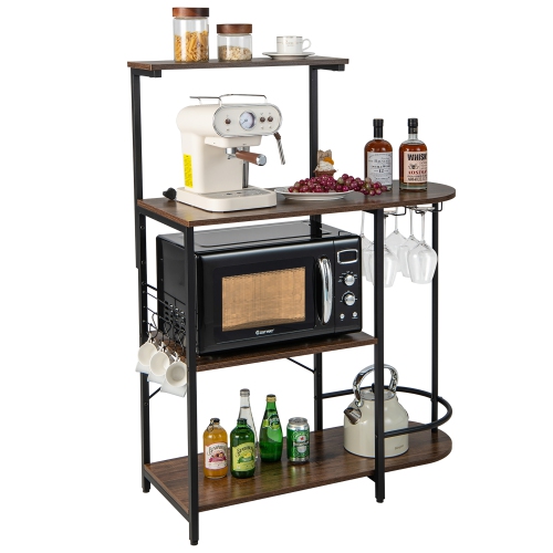 Costway Kitchen Bakers Rack Microwave Stand Coffee Bar w/ S-Hooks & Stemware Holder