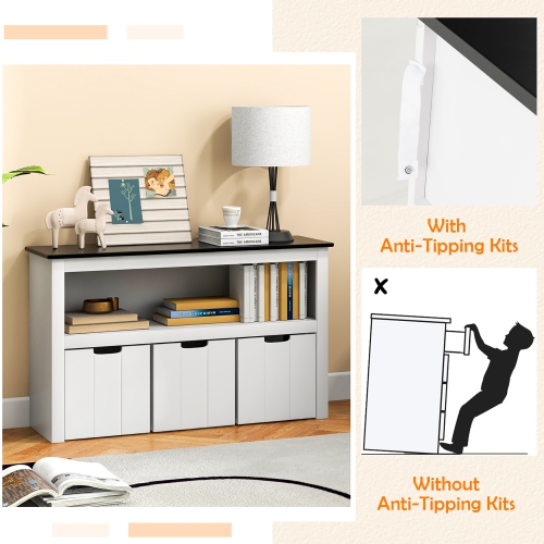 Costway Kids Toy Storage Organizer Wooden Bookshelf with 3 Drawers Hidden Wheel Blackboard