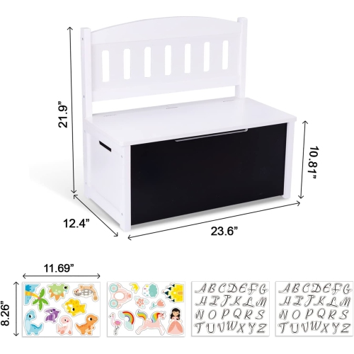 TOOKYLAND Wooden Toy Storage Box - Lift Top Chest and Seating Bench with Lid, Safety Hinge, Blackboard and Stickers, Toy Organizer for Kids 3 Year
