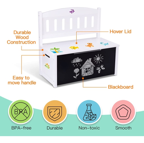 TOOKYLAND Wooden Toy Storage Box - Lift Top Chest and Seating Bench with Lid, Safety Hinge, Blackboard and Stickers, Toy Organizer for Kids 3 Year