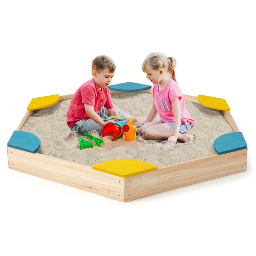 Costway Outdoor Wooden Sandbox with Seats Backyard Bottomless Sandpit for Kids Aged 3+