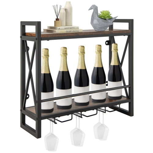 Costway Wall Mounted Wine Rack Industrial 2-Tier Wood Shelf with 3 Stem Glass Holders