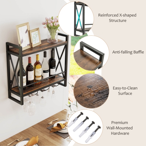 Costway Wall Mounted Wine Rack with 2-Tier Shelves 3 Glass Holders Sturdy Metal Frame