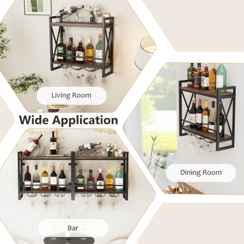 Costway Wall Mounted Wine Rack with 2-Tier Shelves 3 Glass Holders Sturdy Metal Frame