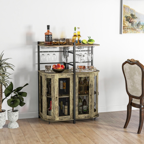 Armoire de bar en coin pour bouteilles de vin de travail avec porte-verre et portes en filet de Costway