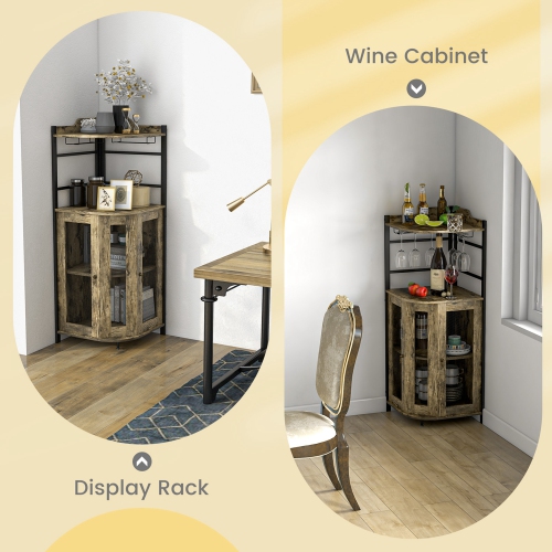Armoire de bar en coin pour bouteilles de vin de travail avec porte-verre et portes en filet de Costway