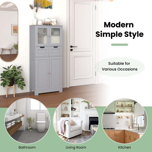 Costway Bathroom Floor Storage Cabinet Kitchen Cupboard with 2 Drawers & Glass Doors Grey