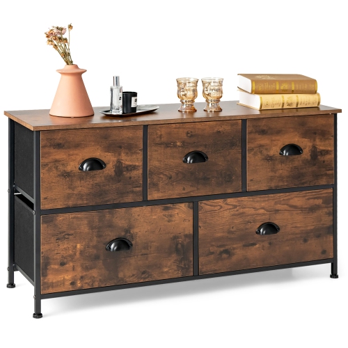 COSTWAY  5-Drawer Dresser Fabric Storage Tower W/wooden Top Chest Organizer Rustic Brown