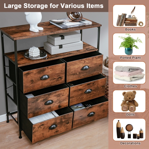 Costway 6-Drawer Dresser 2-Tier Fabric Storage Tower w/wooden Top Chest Organizer Unit