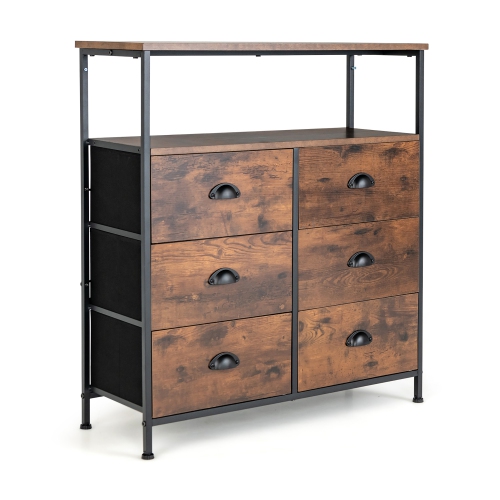 Costway 6-Drawer Dresser 2-Tier Fabric Storage Tower w/wooden Top Chest Organizer Unit